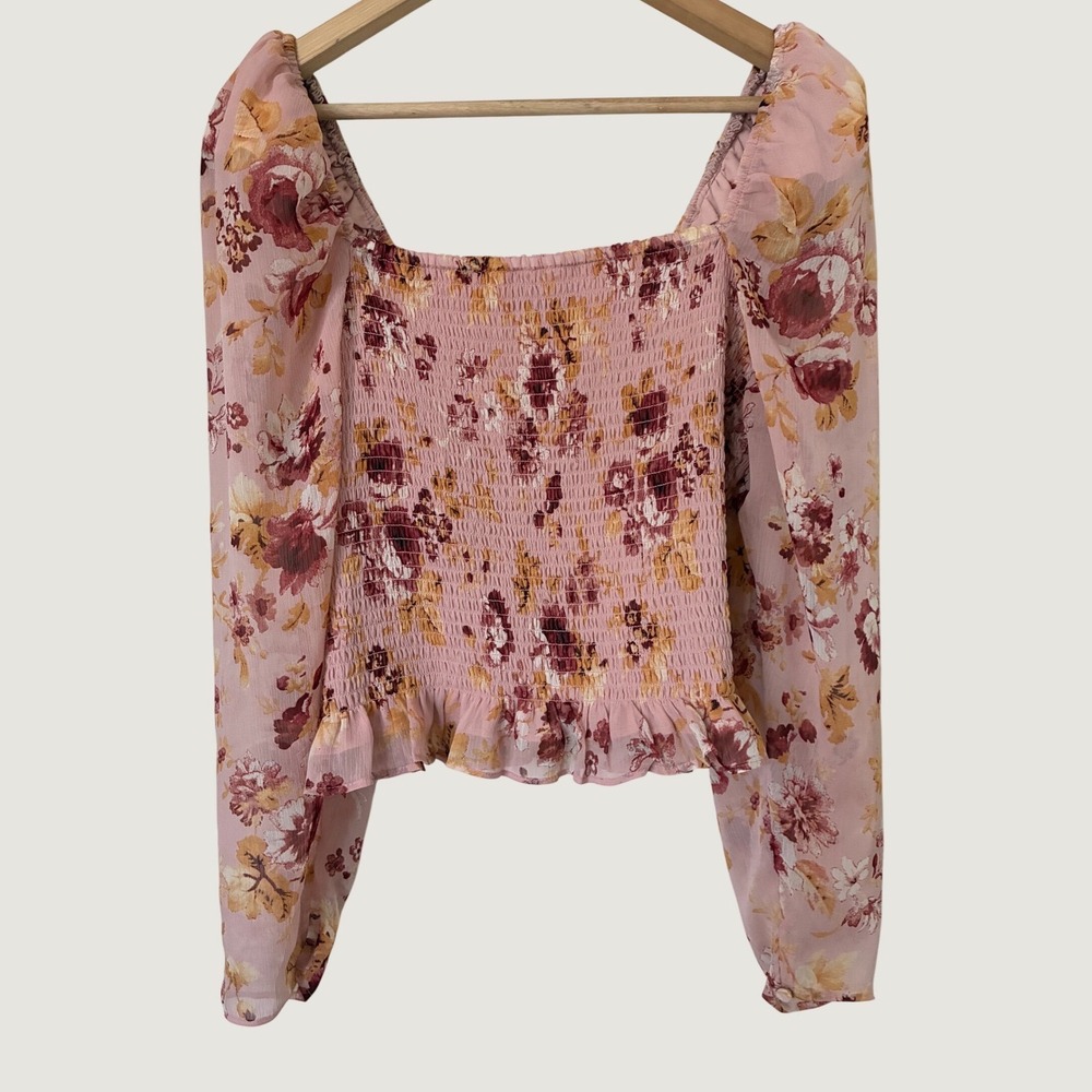 Express Pink Floral Smocked Puff Sleeve Garden Crop Top Blouse Square Neck Large
